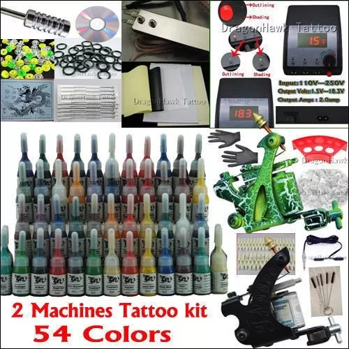 Professional Complete Tattoo Kit 2 Top Machine Gun 54 Ink 20 Needle Power Supply