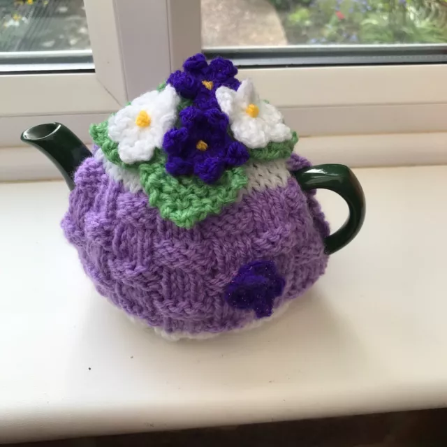 Hand Knitted Basket Weave Tea Cosy Flowers Butterfly For A Small Teapot 1-2 Cup