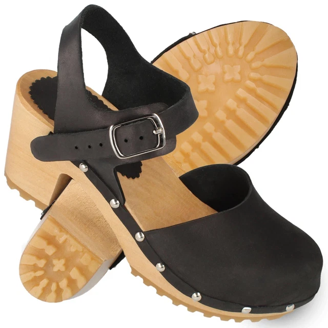 Damen Holz Clogs Leder Sandalen Pantoletten Holzschuhe Mit 2 Schnallen Schwarz
