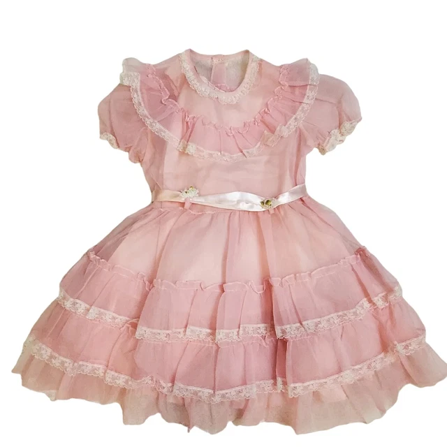 Vintage Girls XS 4/5 Sheer Pink Tiered Ruffle Pageant Party Lolita Dress Slip