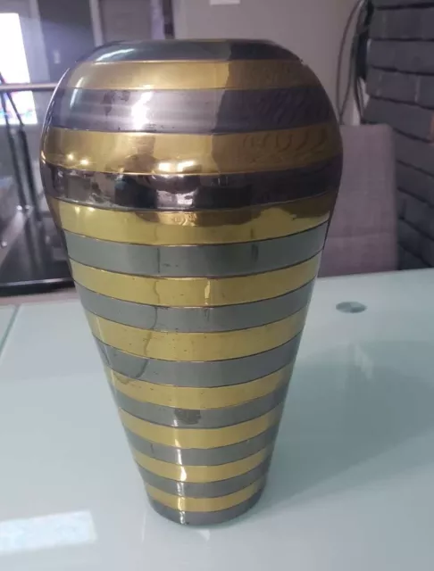 Vintage Brass Vase Two Tone Striped Art Deco Style Solid Brass Vase