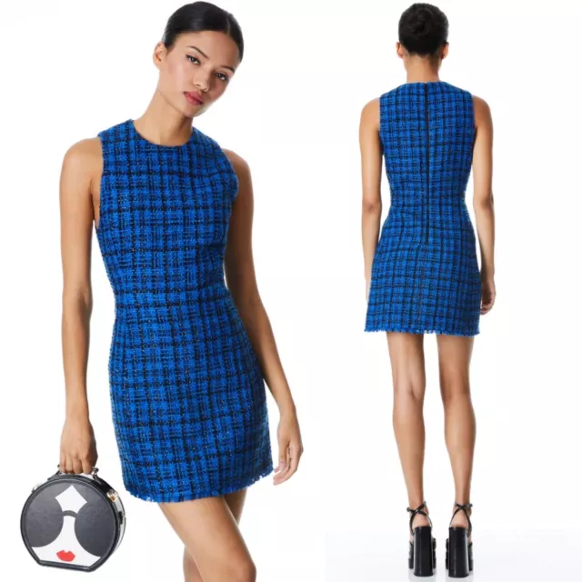 ALICE + OLIVIA Clyde Mini Sheath Dress 10 Blue Plaid Metallic Tweed Frayed Hem