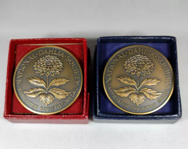 2 National Dahlia Society, Ilkely Flower Show Society Boxed Bronze Medals. 1960s