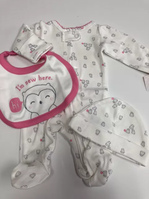 Preemie baby girl 3 pc Carter's Just One You "I'm New Here" footie, bib , hat