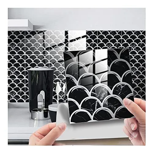 Pegatinas de azulejos para cocina y baño a escala de pescado blanco y negro 25 piezas 10 × 10 cm