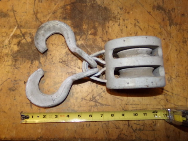 NOS Vintage Wood Marine Rigging Rope Block Pulleys, Double 4" Sheaves  W/Hook
