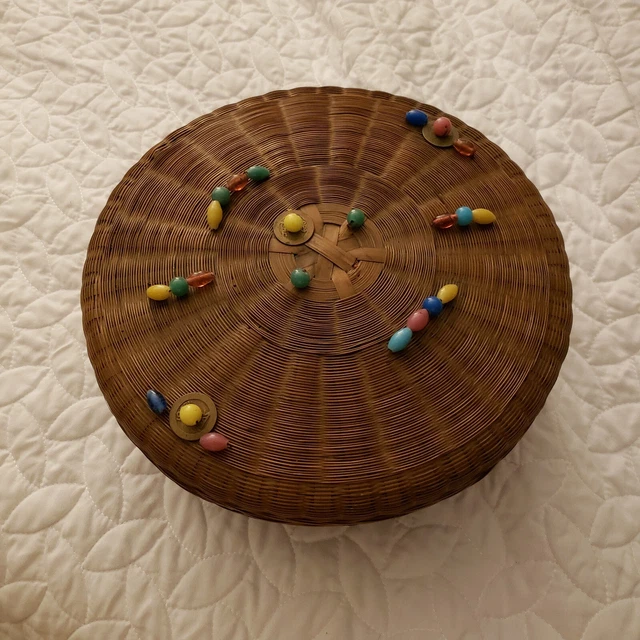 Woven Round Chinese Large Antique Early 1900s Sewing Basket Beaded Colorful