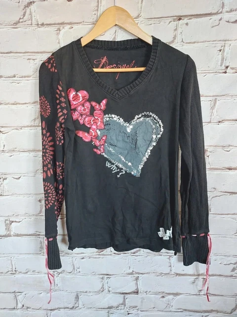 Top camicia camicetta donna Desigual Maglione manica lunga XL maniche cuore nero