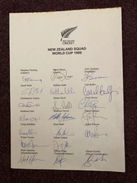 Cricket autograph team sheet New Zealand 1999 World Cup