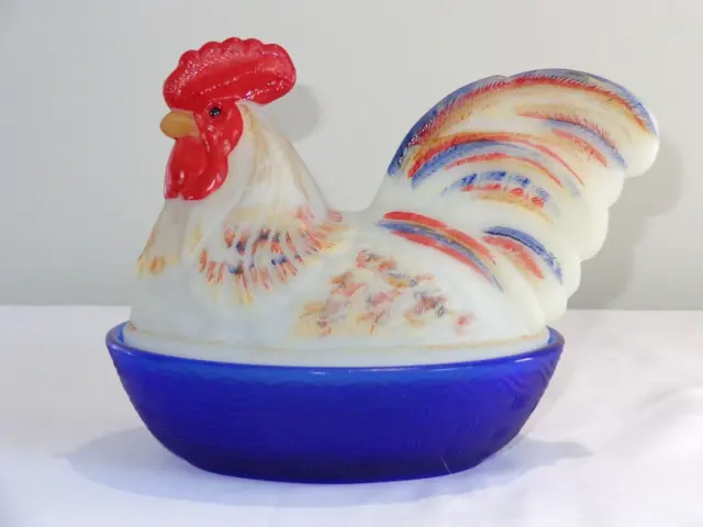 Lovely Fenton Art Glass Handpainted Rooster on Cobalt Blue Nest