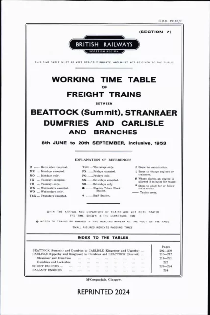 Reprinted BR(ScR) Section 7 Freight Working Time Table, Summer 1953