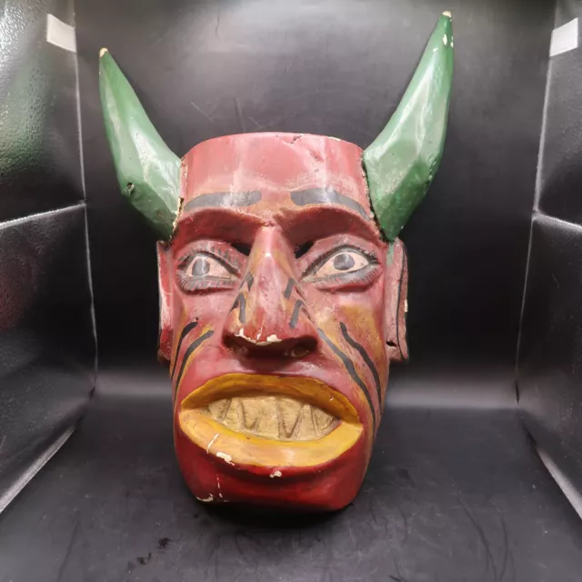 Amazing Vintage Folk Art Carved Devil's Face w.  Horns; Mexico/Central America?