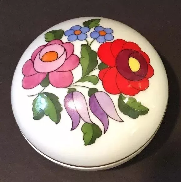 Vintage Kalocsa Porcelain Covered 2-3/4" Round Box Hand Painted Floral Hungary