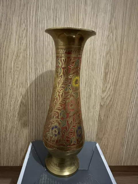 Vintage Brass Embossed  Etched Vase With Red And Green 3