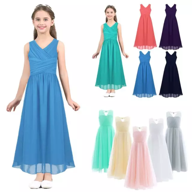 Kids Girls Flower Junior Bridesmaid Wedding Gown Princess Party Long Flowy Dress