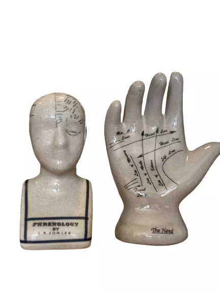 Set L.N fowler porcelain phrenology 6''ceramic head + 7''hand Antique off white