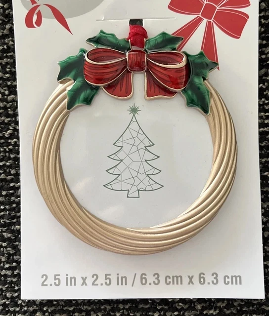 Metal Christmas Photo Picture Frame Ornament Gold Wreath with Red Bow & Holly