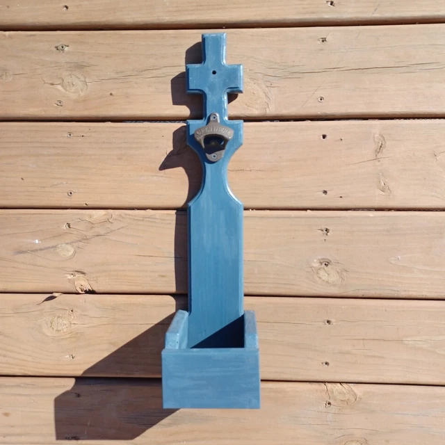 Wall Mount Wood Beer Bottle Cap Opener and Catcher Hand Made Blue 22"x5.5"
