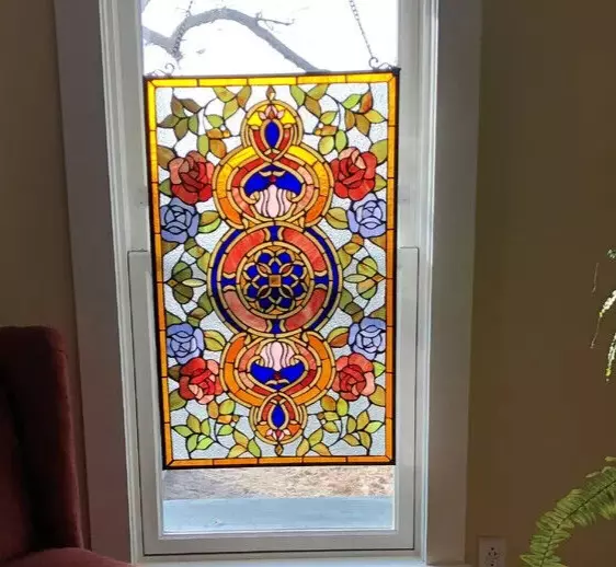 32"x20" Victorian floral Tiffany style stained glass window panel