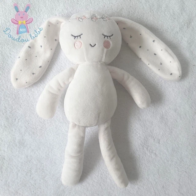Doudou Lapin dormeur blanc rose couronne fleurs SIMBA (état neuf)