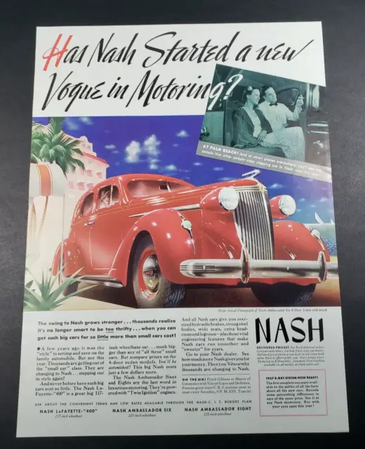 1937 Nash Automobile Ambassador Sedan Automobile 6 Door With Trunk Red Print Ad