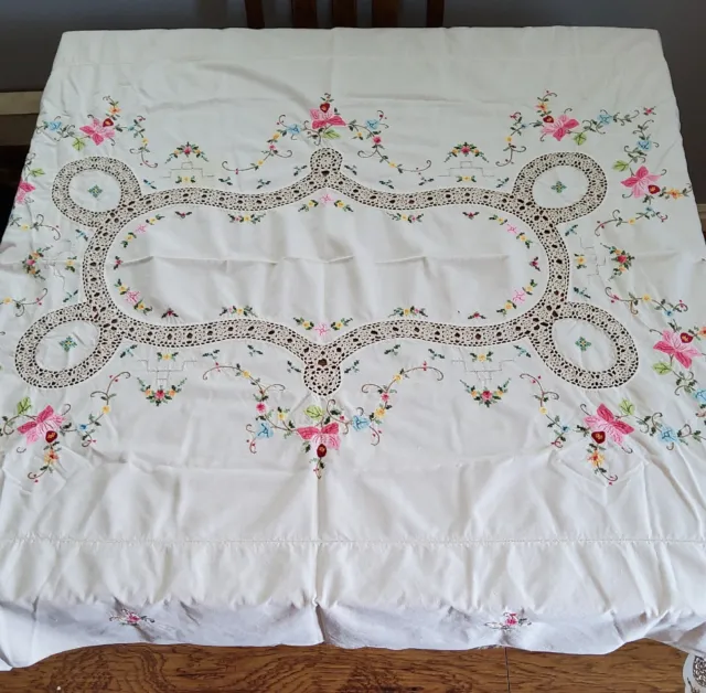 Vintage Tablecloth Hand Embroideries, Applique, Crochet Work. Gorgeous 47x62"