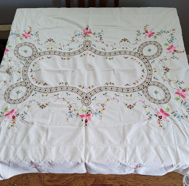 Vintage Tablecloth Hand Embroideries, Applique, Crochet Work. Gorgeous 47x62"