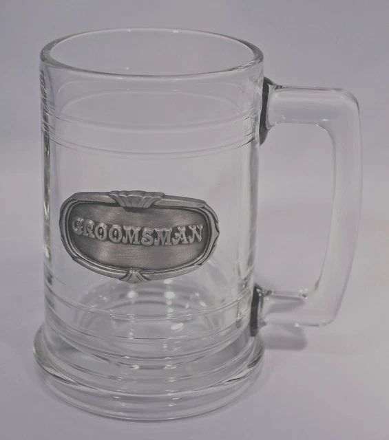 Glass Beer Mug Stein Wedding Groomsman Pewter Emblem Heavy Bottom