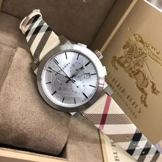 New Genuine Burberry Mens Watch Multicolour Strap With Silver Dial Bu9357 Nova