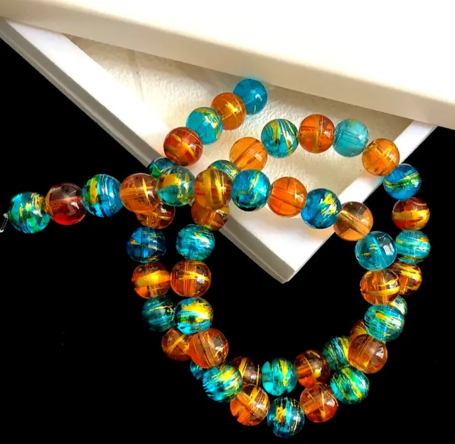 Blue And Orange Glass Drizzle Beads-8 Mm Beading For Crafts And Jewellery Making