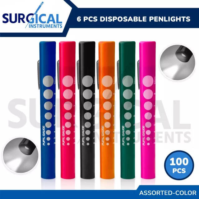 100 pcs Disposable Penlights Diagnostic ENT Emergency Medical - Assorted Colors