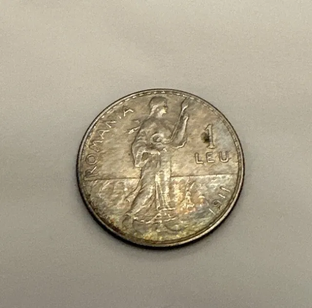 1911 ROMANIA 1 LEU, Gorgeous Silver Coin UNC. , WWI .835