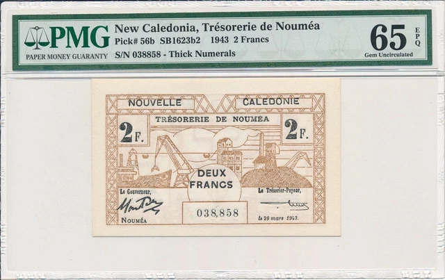 Trésorerie de Nouméa New Caledonia 2 Francs 1943 S/No x38858 PMG 65EPQ Trésorerie de Nouméa New Caledonia 2 Francs 1943 S/No x38858 PMG 65EPQ