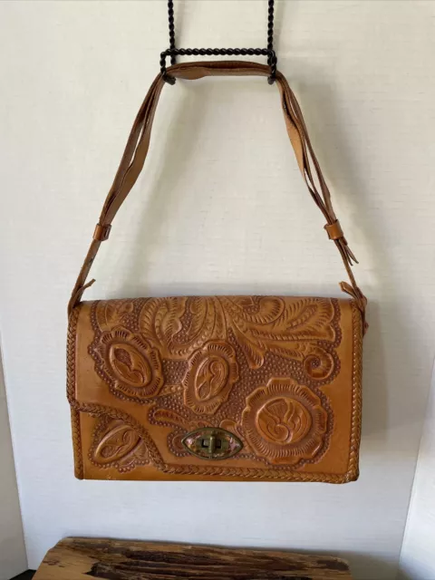 Vintage Mitla Hand Tooled Leather Shoulder Reversible Bag Floral Embossed Read