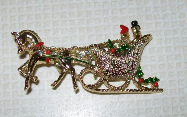 Signed Gerry's Gold Tone Metal Enamel Christmas Horse Drawn Sleigh Pin Brooch
