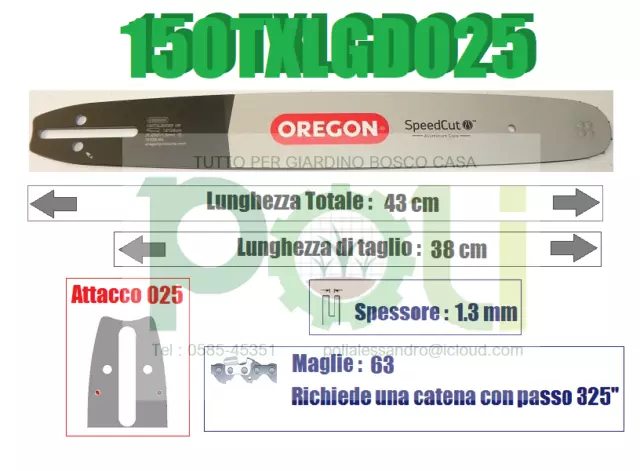 BARRA OREGON SPEED CUT 150TXLGD025 38 CM PASSO.325 SPESSORE 1,3mm 63 MAGLIE