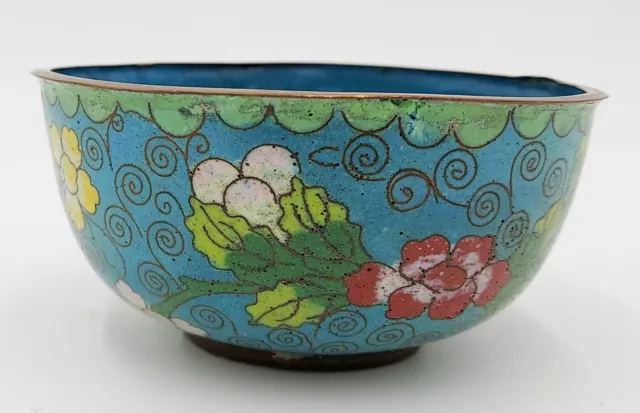 Antique Chinese Cloisonne Bowl 4" Small Metal Enamel Blue Floral Rice Candy Dish