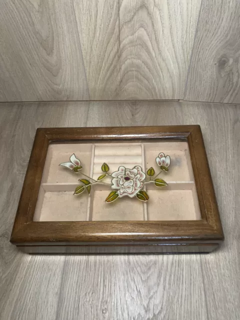 Vintage Solid Wood Jewellery Box Glass Top