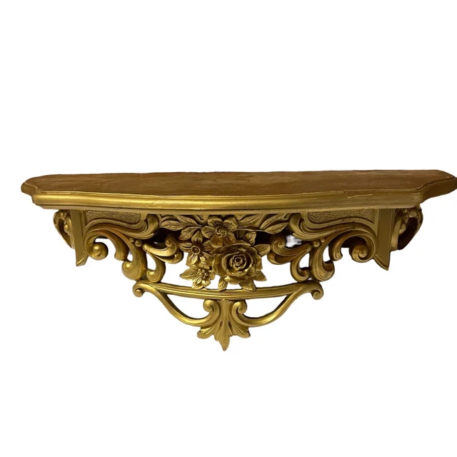VTG SYROCO WALL Shelf Ornate Gold Hollywood Regency Roses MCM 19" x 8