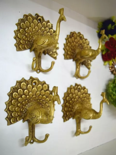 Brass Peafowl Wall Hook Set Of 04 Hooks Peacock Handmade Home Decor Hanger EK67