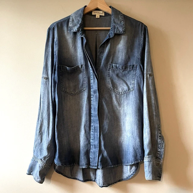Cloth Stone Womens Chambray Shirt Size Medium Button Up Tunic Tencel Roll Tab