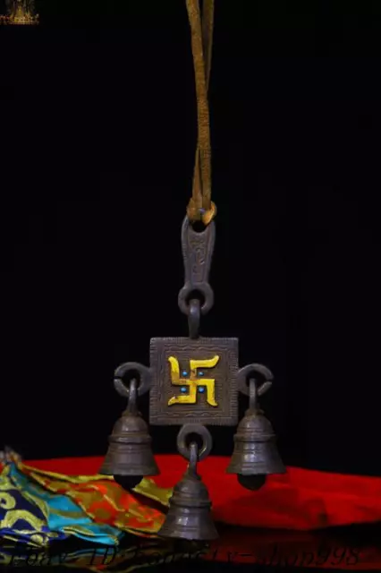 6.4'' Tibetan Buddhist temple bronze Gilt “卍” Swastika statue zhong bell Pendant 6.4'' Tibetan Buddhist temple bronze Gilt “卍” Swastika statue zhong bell Pendant