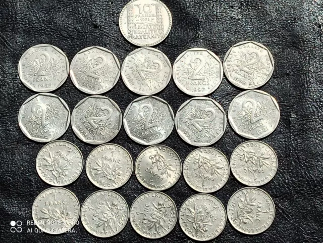 lot pièces de monnaies française 10 francs argent Turin 2 et 1 francs semeuse