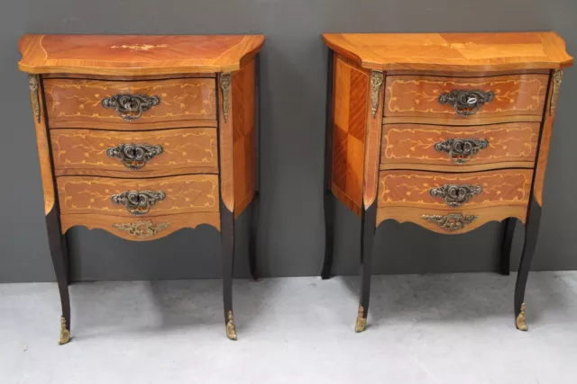 Rare pair antique French Louis marquetry bedside small chests of drawers ormolu