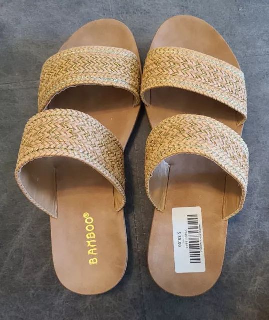 Bamboo Shoes 6 Amaya Tan Woven Strap 2 Strap Slides Sandal Flexible Worn 1x