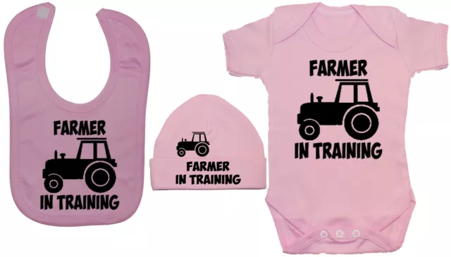 Farmer in Training Babygrow Vest Bodysuit & Bib & Beanie Hat 0-12mths Gift