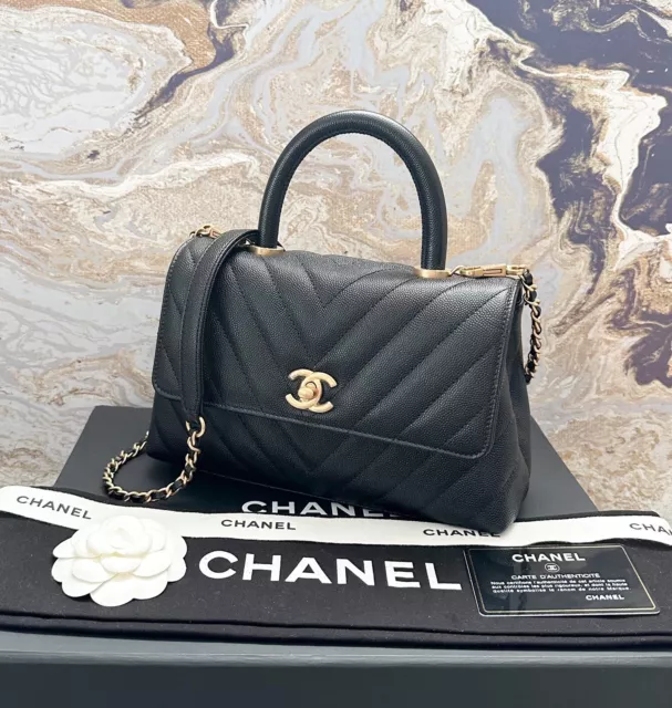 CHANEL BLACK CAVIAR Lizard Quilted Small Coco Handle Flap Bag