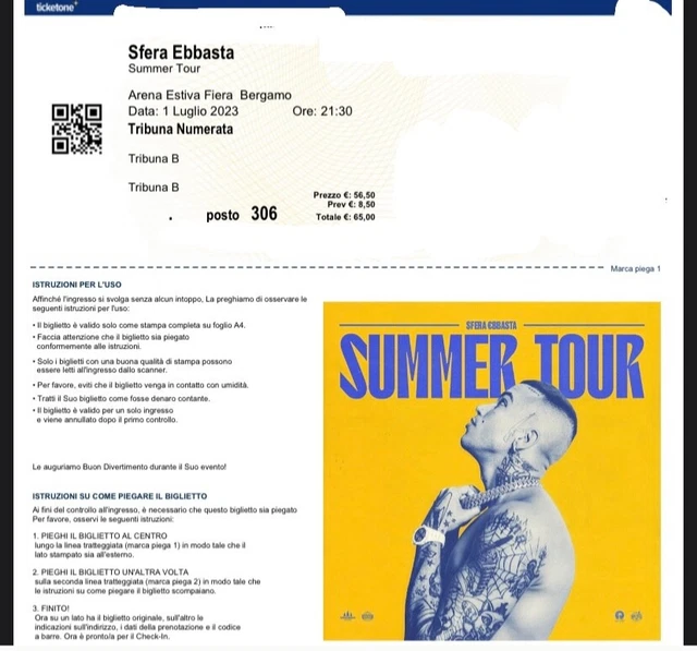 biglietto Sfera Ebbasta per Bergamo 1/07/2023 tribuna numerata vicino al palco