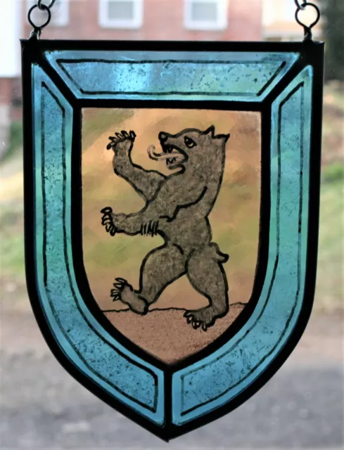 Stained Glass ,Hand Painted, Bear Heraldic Shield Panel, 1310-03