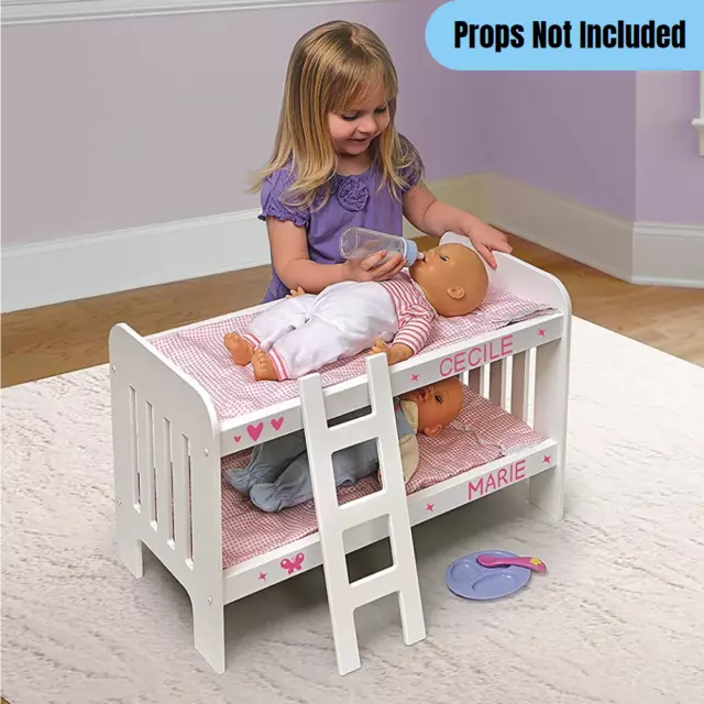 2-Dolls Bunk Bed Girls w/ Bedding Set Kids Pretend Play Toy Furniture Pink/White